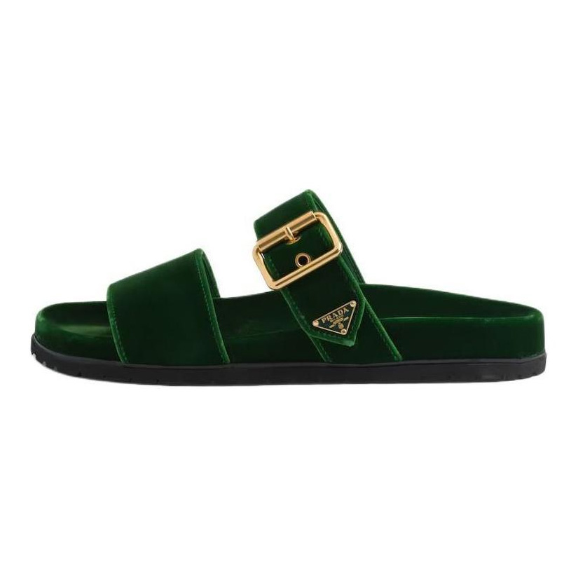 PRADA Enamel Triangle-logo Velvet Slides