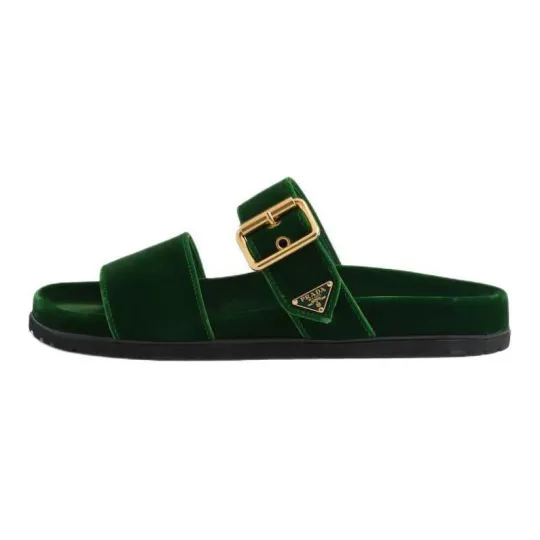PRADA Enamel Triangle-logo Velvet Slides