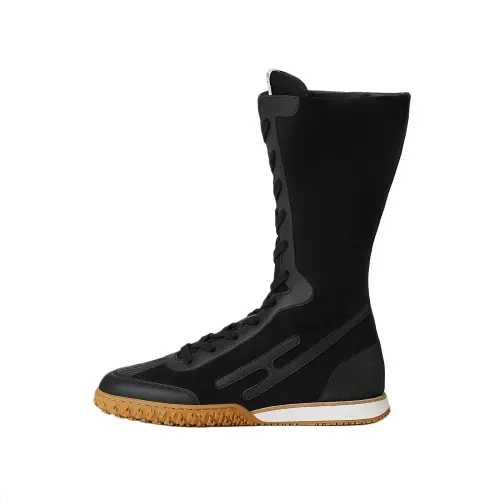 HERMES Lace Up Calfskin Knee high Boots Women's Black