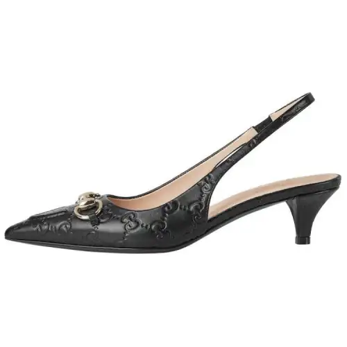 GUCCI Horsebit Leather Cone Heel High Heels 4.3cm Women's Black