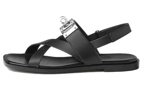 HERMES Ines Leather One Strap Sandals Women's Black