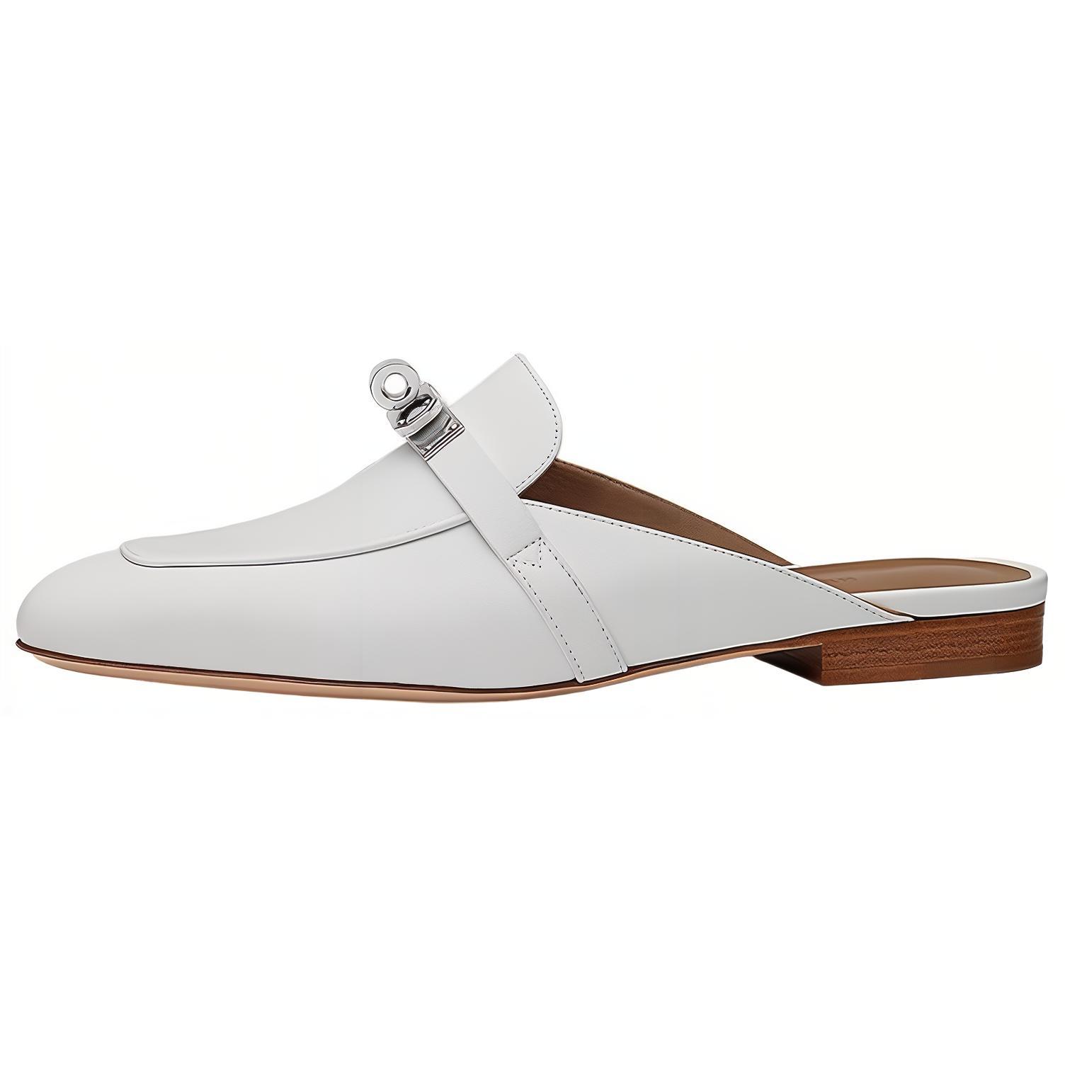 HERMES Hermès Oz calf leather trendy Muller flat no special function toe slippers women's white