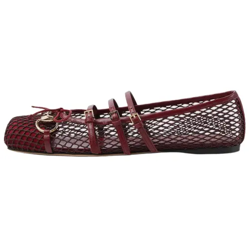 GUCCI Horsebit Mesh, Leather Flat Mary Jane Shoes Women's Burgundy
