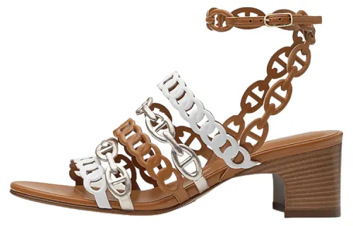 HERMES Enchainee Leather One Strap Sandals Women's Brown