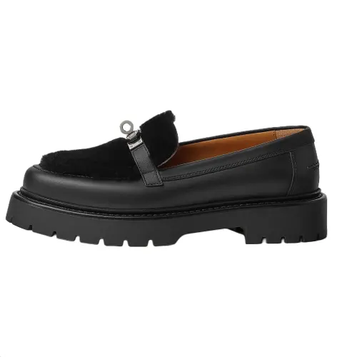 HERMES Icone Cow Leather Loafers Women's Black