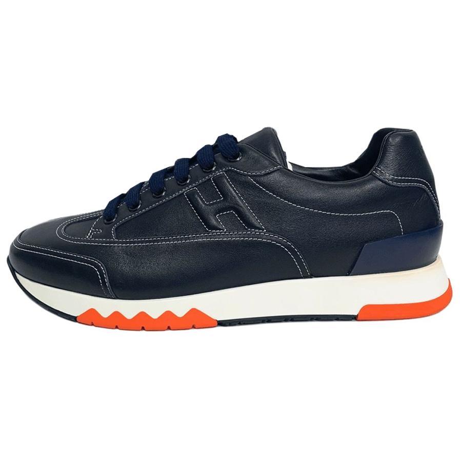 HERMES Trail Cow Leather Low top Casual Shoes Men's Black