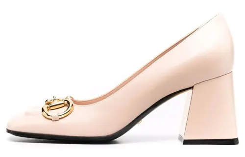 GUCCI Horsebit Leather Chunky Heel High Heels 7.5cm Women's Pink