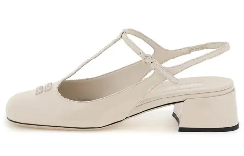 MIU MIU Leather Block Heel High Heels 3.5cm Women's Beige