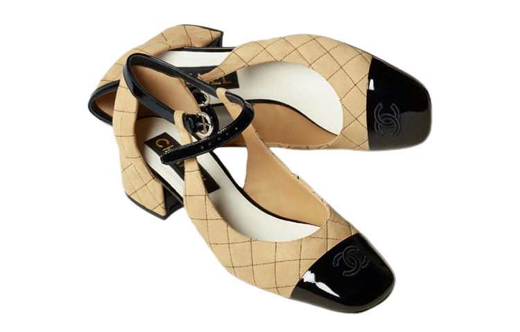 CHANEL Suede Chunky Heel Mary Jane Shoes Women's Beige