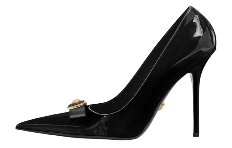 VERSACE Gianni Ribbon Logo Pointed Toe Stiletto Pumps 11cm Women's Black Gold