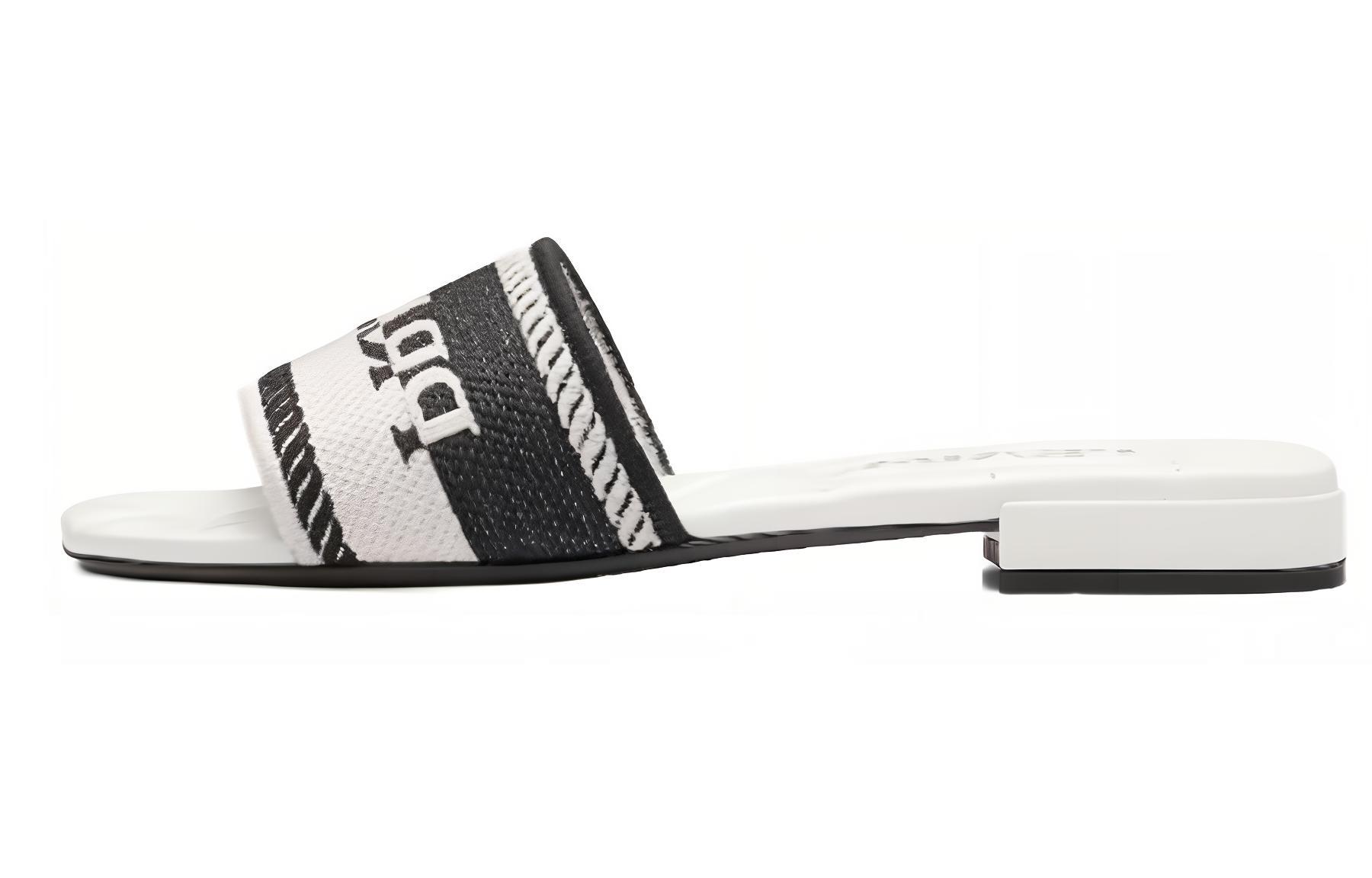 PRADA Logo Embroidered Sandals White Black Cotton