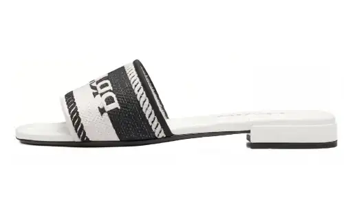 PRADA Logo Embroidered Sandals White Black Cotton