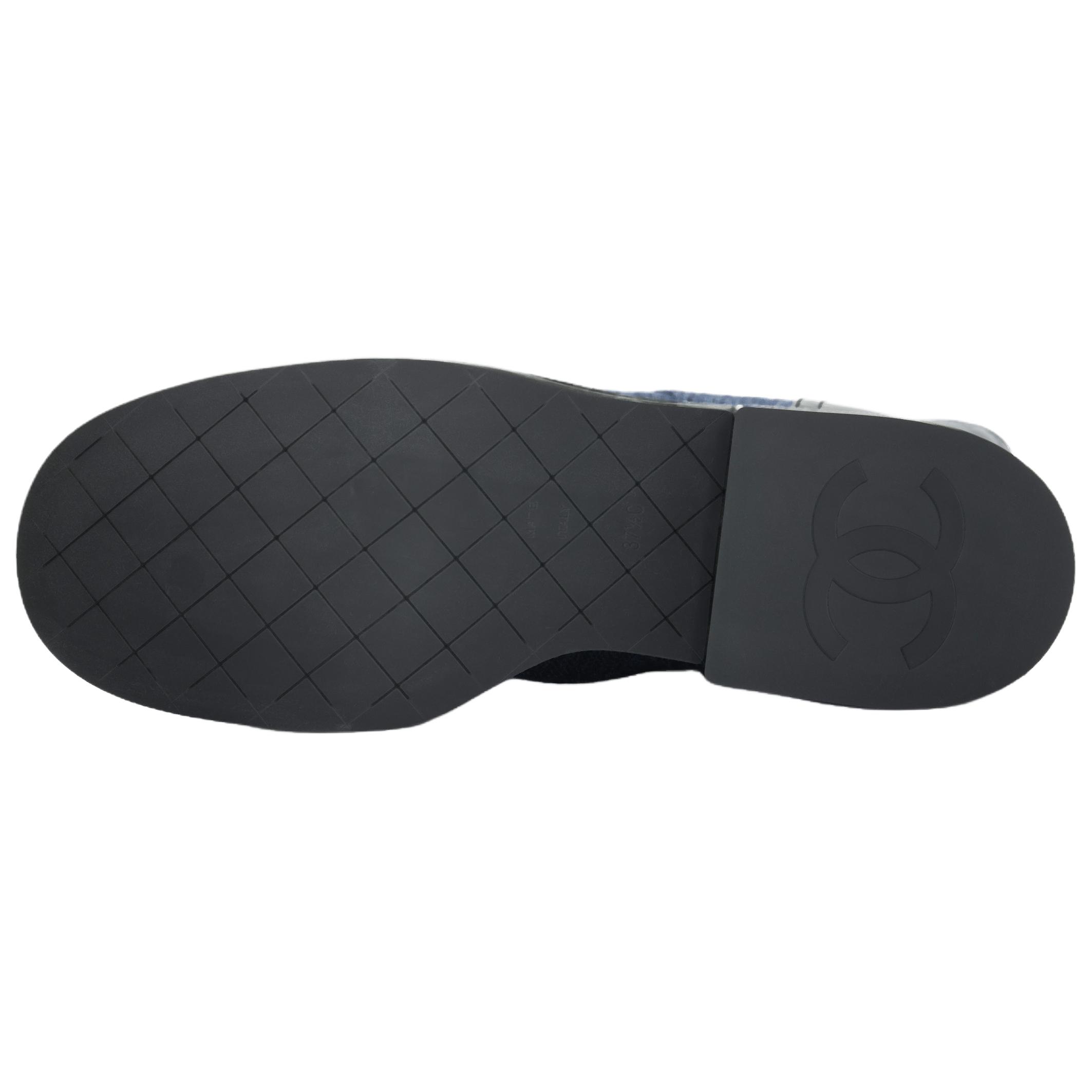 CHANEL Leather, Textile Ankle Boots Women's Blue Black