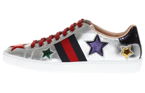 GUCCI ACE Leather Low top Stylish Skateboarding Shoes Women's Silver