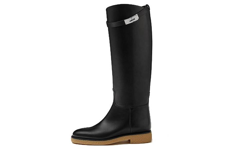 HERMES Faustine Cow Leather Knee high Boots Women's Black