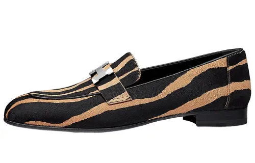 HERMES PARIS Vaux Moire Leather Women's Casual Shoes Women's Black Camel