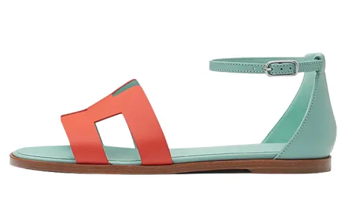 HERMES Santorini Leather One Strap Sandals Women's Green Pink