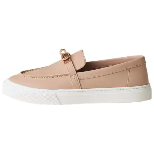 HERMES Game Top Grain Cow Leather Loafers Women's Nude Pink