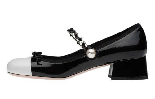 MIU MIU Naplak Bowknot Chunky Heel High Heels 3.5cm Women's Black White