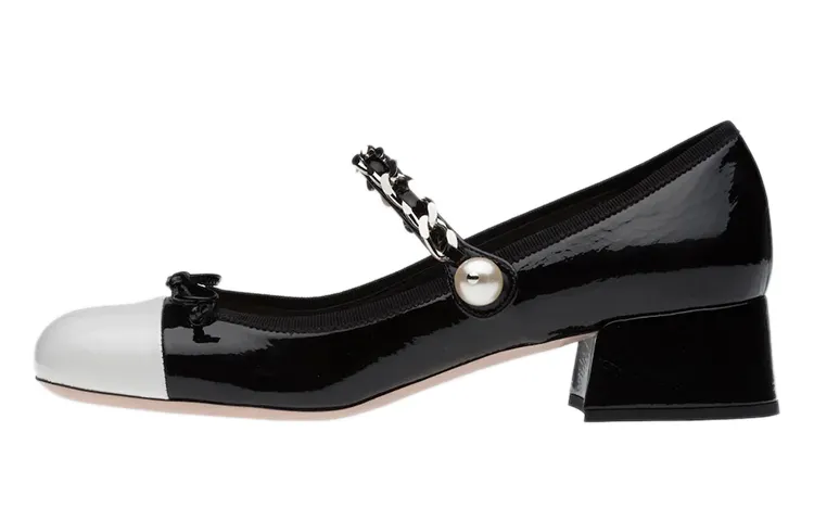 MIU MIU Naplak Bowknot Chunky Heel High Heels 3.5cm Women's Black White