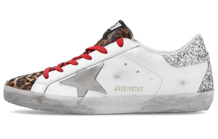 Golden Goose Super Star Low top Skateboard Shoes Women's White Leopard Print Silver Tail