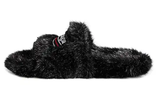 Balenciaga Logo Embroidered Faux Fur Slides Women's