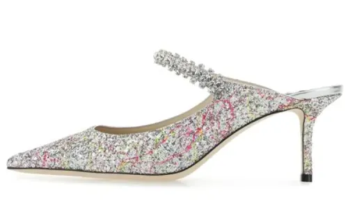Jimmy Choo Bing Crystal Ribbon Glitter Exterior High Heel Toe Slippers Women's Silver