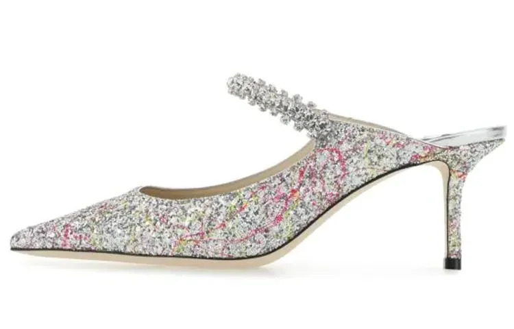Jimmy Choo Bing Crystal Ribbon Glitter Exterior High Heel Toe Slippers Women's Silver