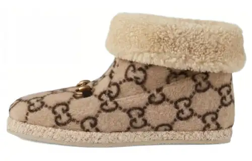 GUCCI GG Shearling Ankle Boots Women's Beige Brown