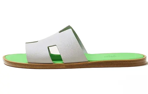 HERMES Izmir Sandal Gris Quartz Vert Fluo Epsom Calfskin Leather