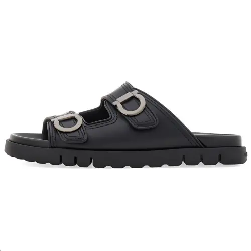 FERRAGAMO GANCINI calf leather round toe open toe slippers men's black