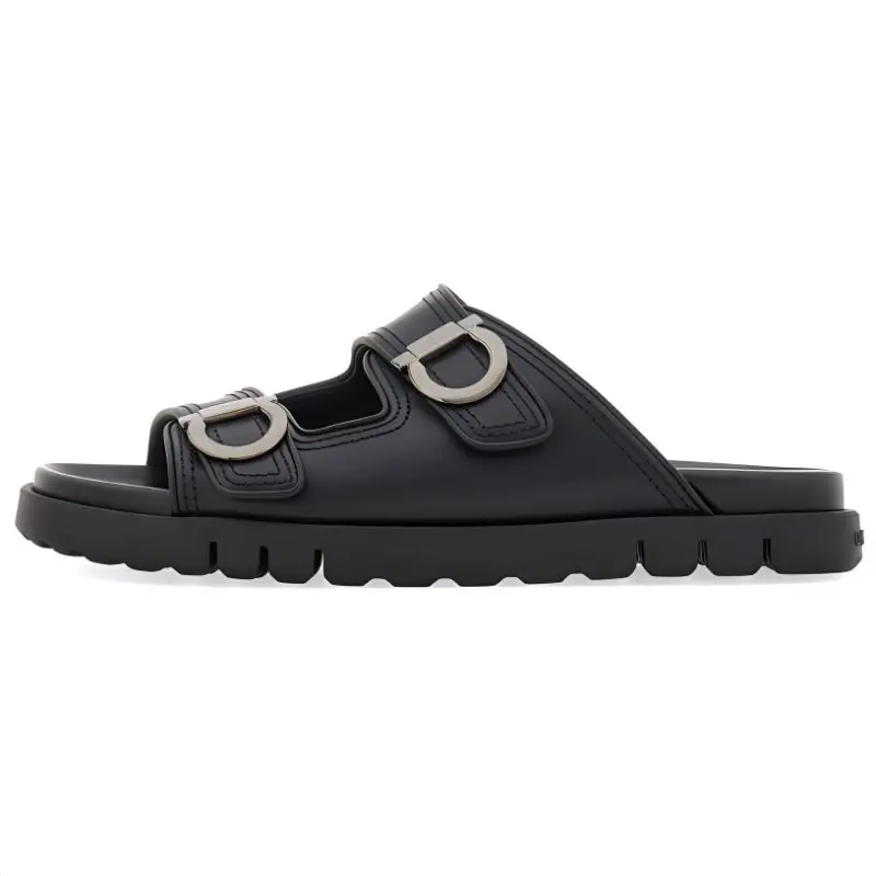 FERRAGAMO GANCINI calf leather round toe open toe slippers men's black
