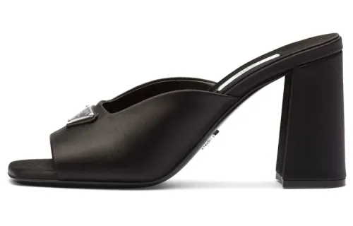 PRADA Enamel Triangle Logo 85mm High-heel Satin Slides