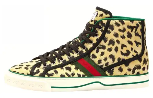 GUCCI Tennis 1977 Leopard Print High top Skateboard Shoes Men's Yellow Black