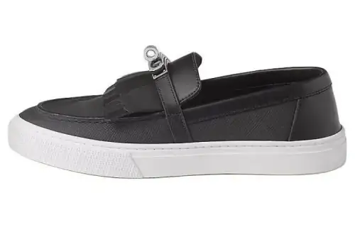 HERMES Game Comfortable Round Toe Loafers Women's Black