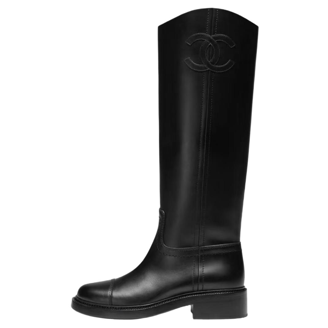 CHANEL 25B Calfskin Knee high Boots 4cm Women's Black