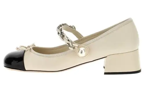 MIU MIU Leather Chunky Heel Mary Jane Shoes Women's Beige