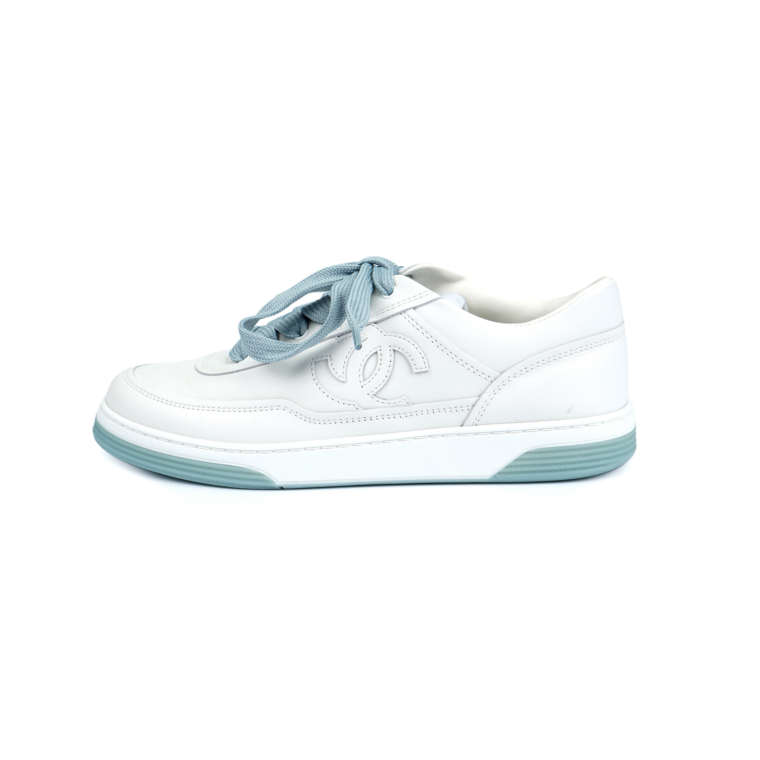 CHANEL Leather Low top Skateboard Shoes Women's White Blue