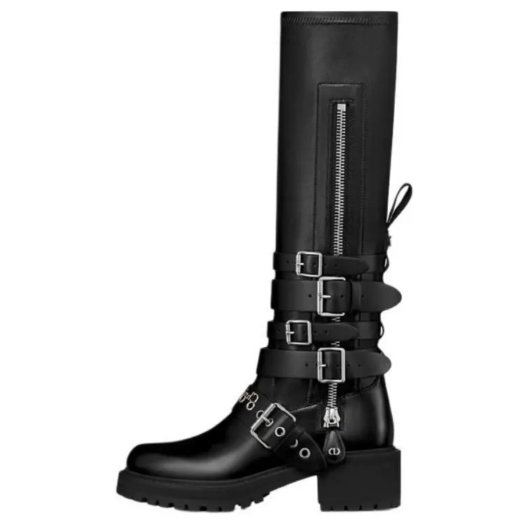 DIOR D Fight Cow Leather Knee high Boots Women's Black