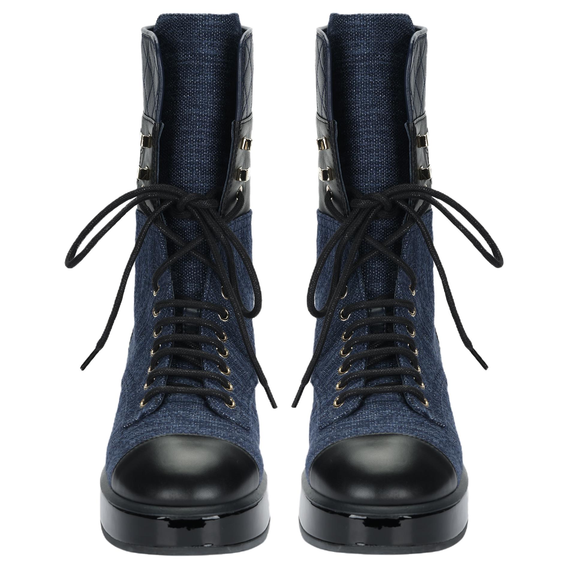 CHANEL Leather, Textile Ankle Boots Women's Blue Black