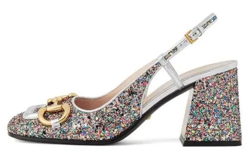 GUCCI Lovelight Leather Block Heel High Heels Women's Silver