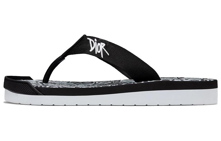 DIOR And Shawn Embroidery Flip Flops White Black