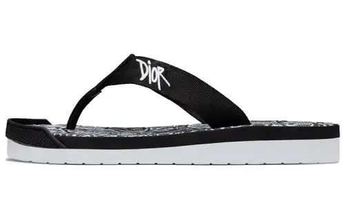 DIOR And Shawn Embroidery Flip Flops White Black