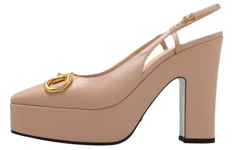 GUCCI Horsebit Leather Chunky Heel High Heels 13cm Women's Brown