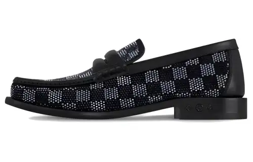 LOUIS VUITTON Leather Loafers Men's Black Silver