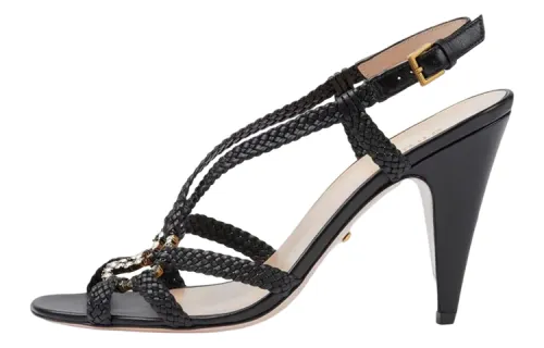 GUCCI Crystal Interlocking G Heeled Sandals Black Braided Leather Women's