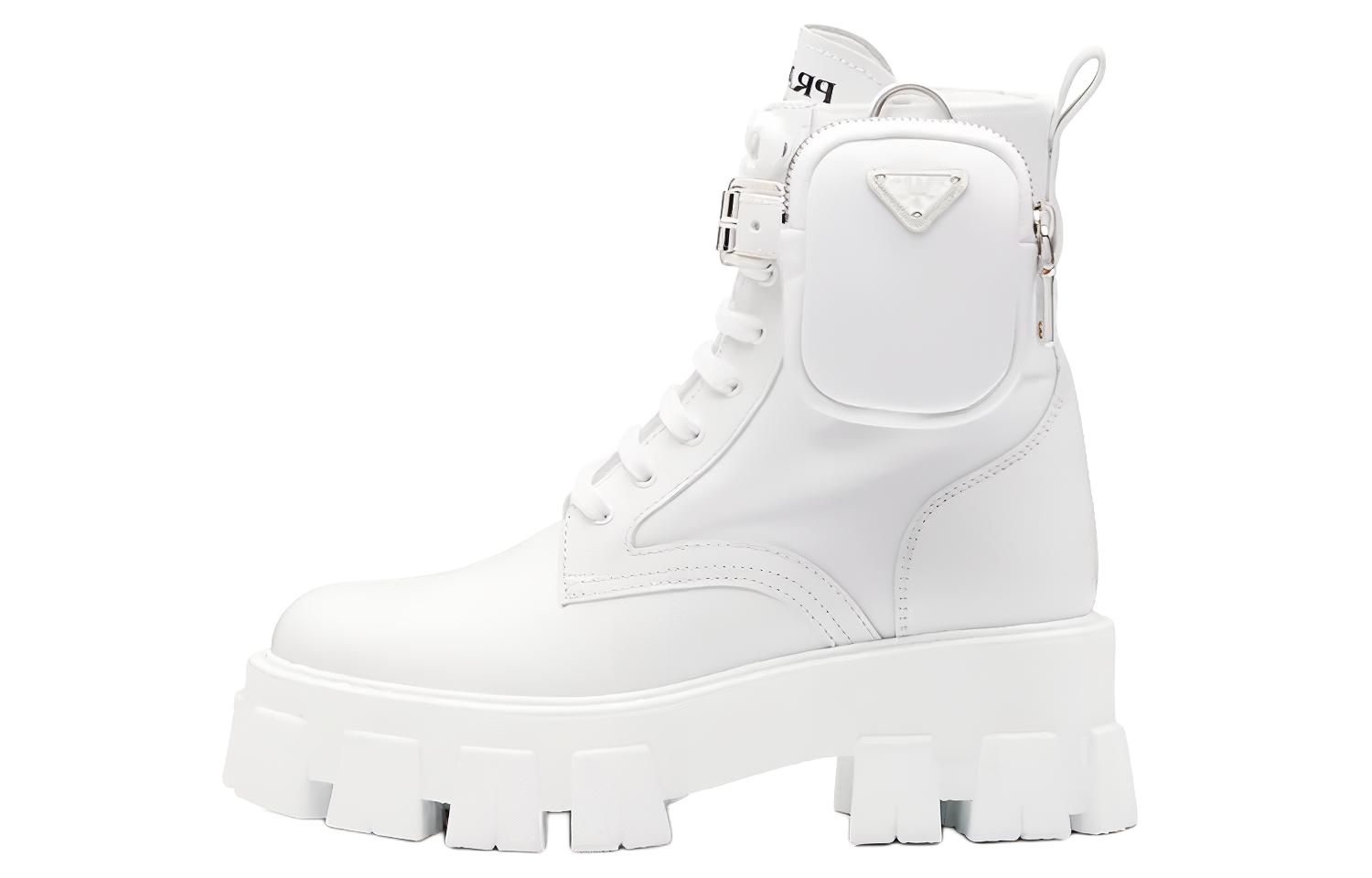 PRADA Monolith Top Grain Cow Leather Short Combat Boots Women's White