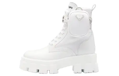 PRADA Monolith Top Grain Cow Leather Short Combat Boots Women's White