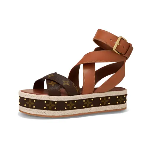 LOUIS VUITTON Boundary Flatform Top Grain Cow Leather One Strap Sandals Women's Brown