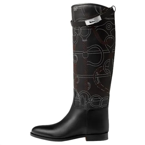 HERMES Jumping Calfskin Knee high Boots 2.5cm Women's Black Europe Version
